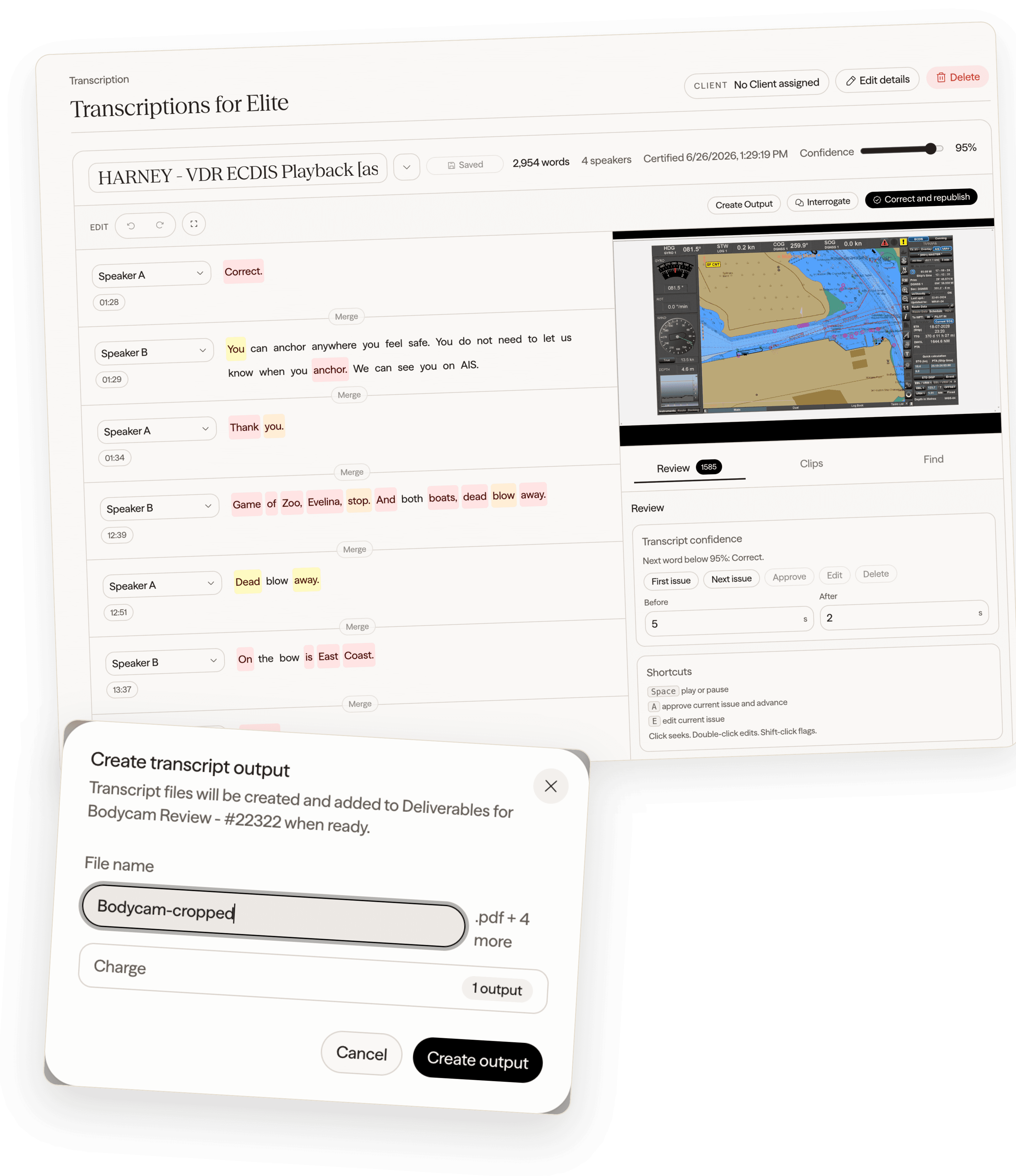 A certified transcript with speaker labels and timecodes beside the source video and the transcript confidence review panel, above the Create transcript output dialog