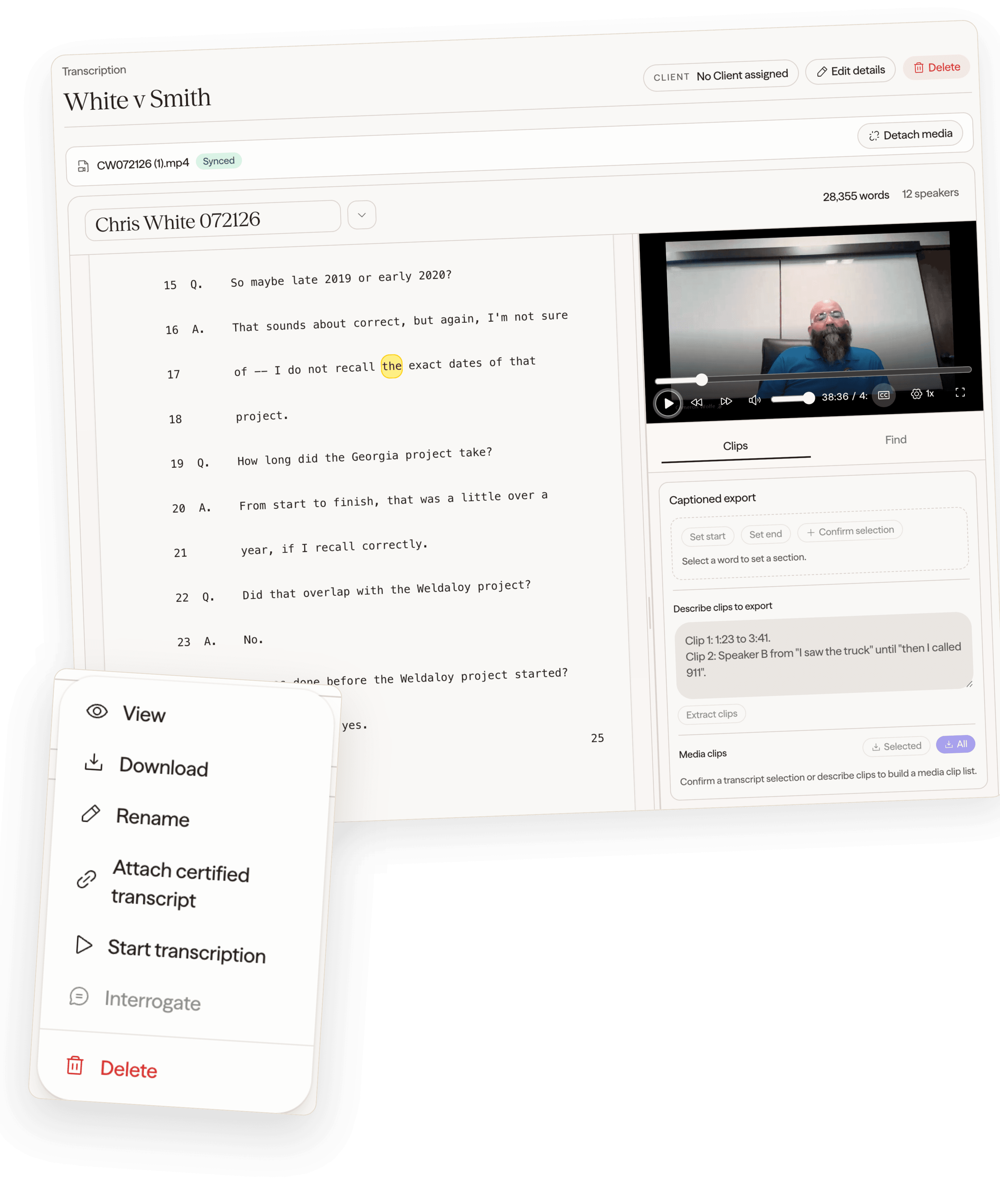 A synced deposition video beside its certified transcript with the captioned export panel describing two clips, and the file menu offering to attach a certified transcript