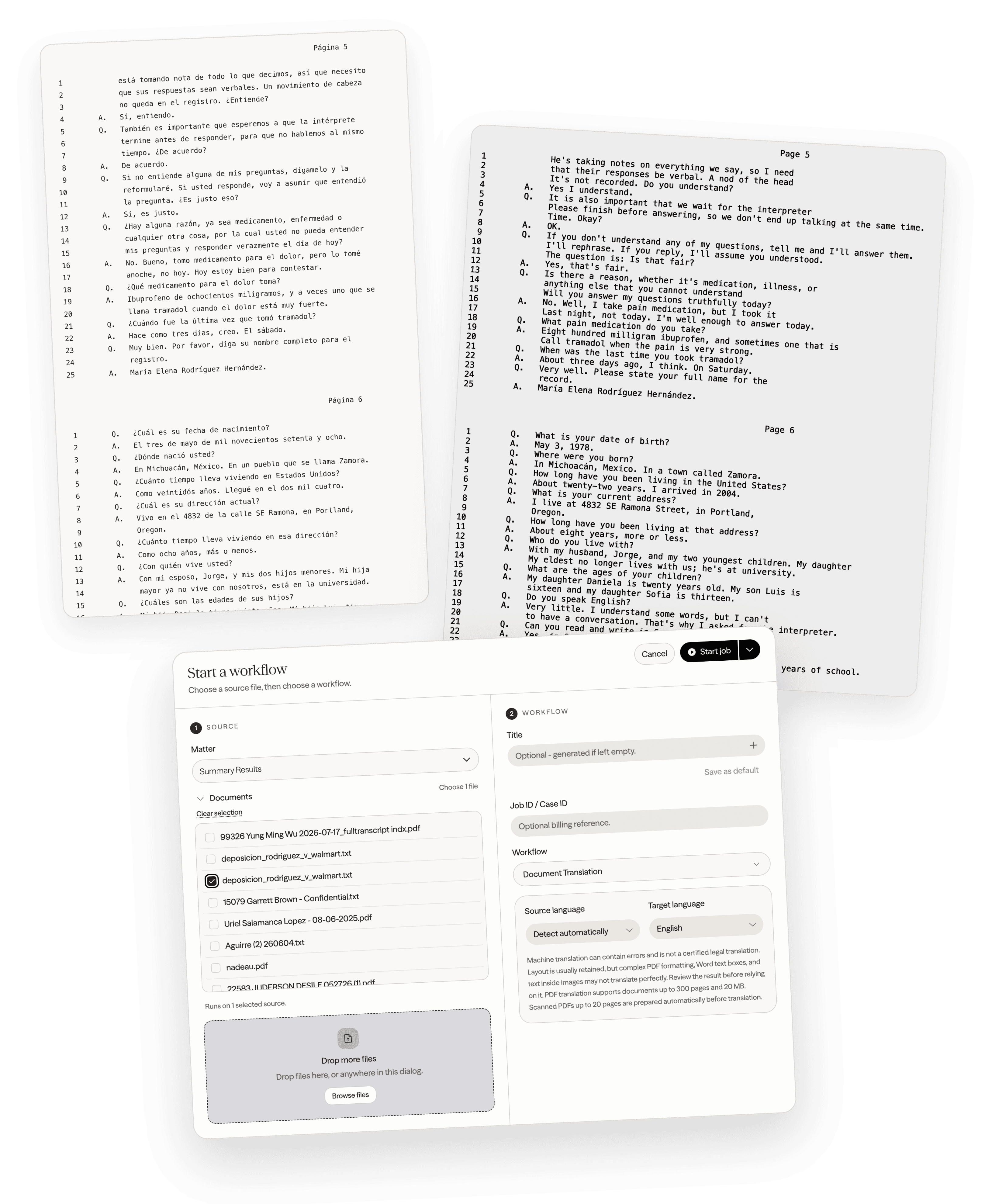 A deposition transcript page in Spanish beside its English translation, with the Start a workflow dialog set to Document Translation over them