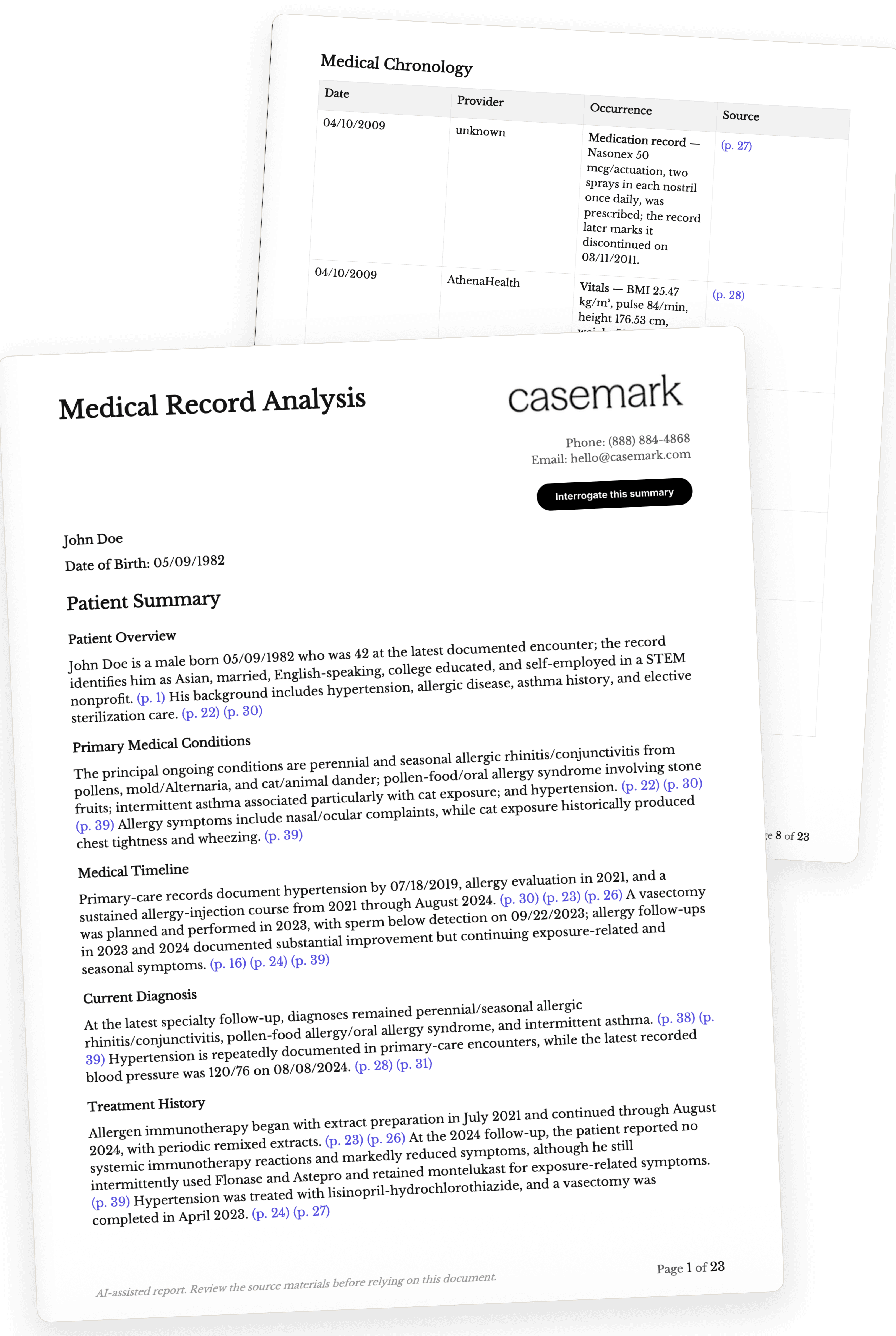 A medical record analysis cover page with the patient summary, beside the dated medical chronology table