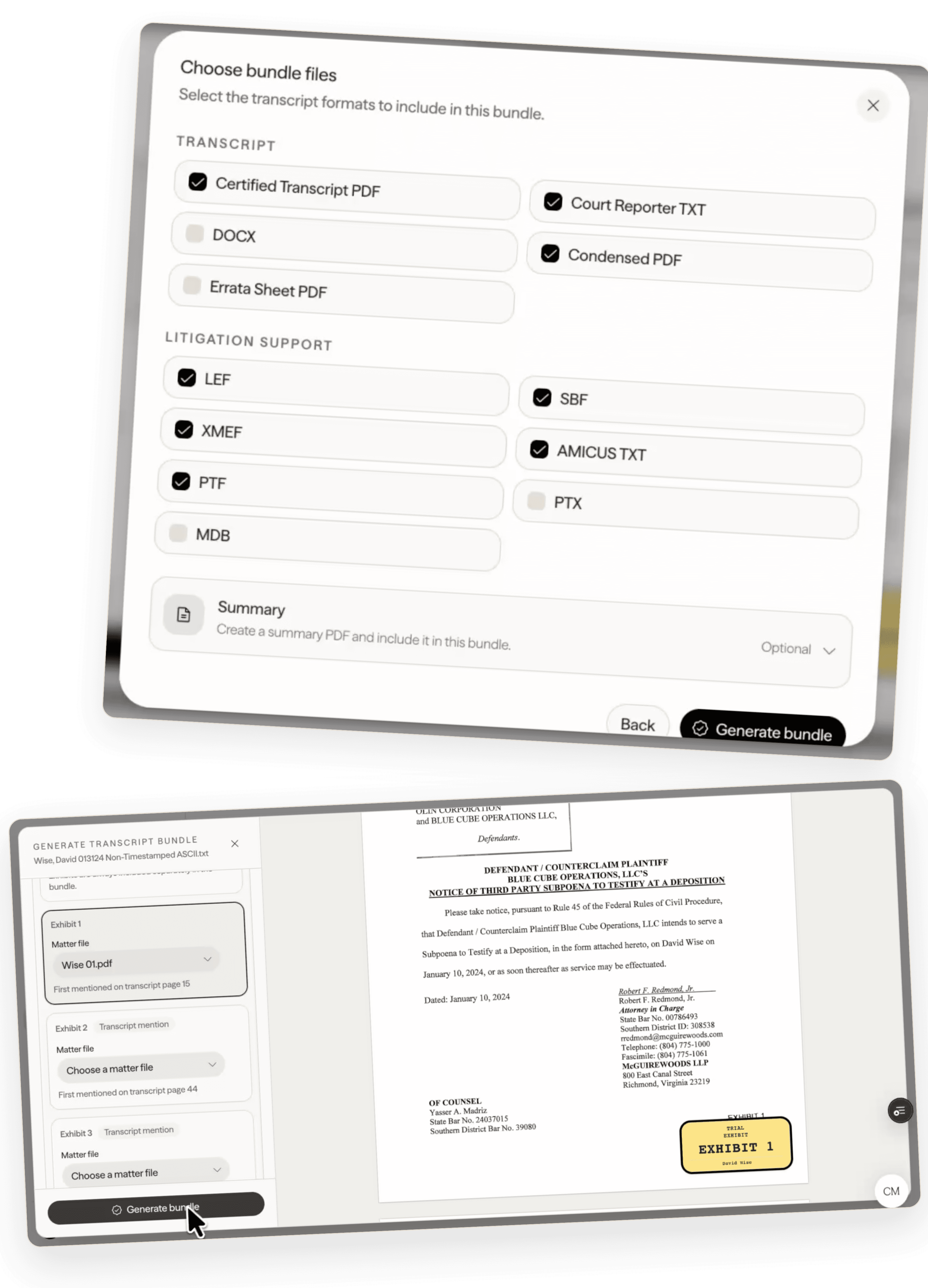 The Choose bundle files dialog with transcript and litigation-support formats selected, above exhibits matched to the transcript pages that mention them