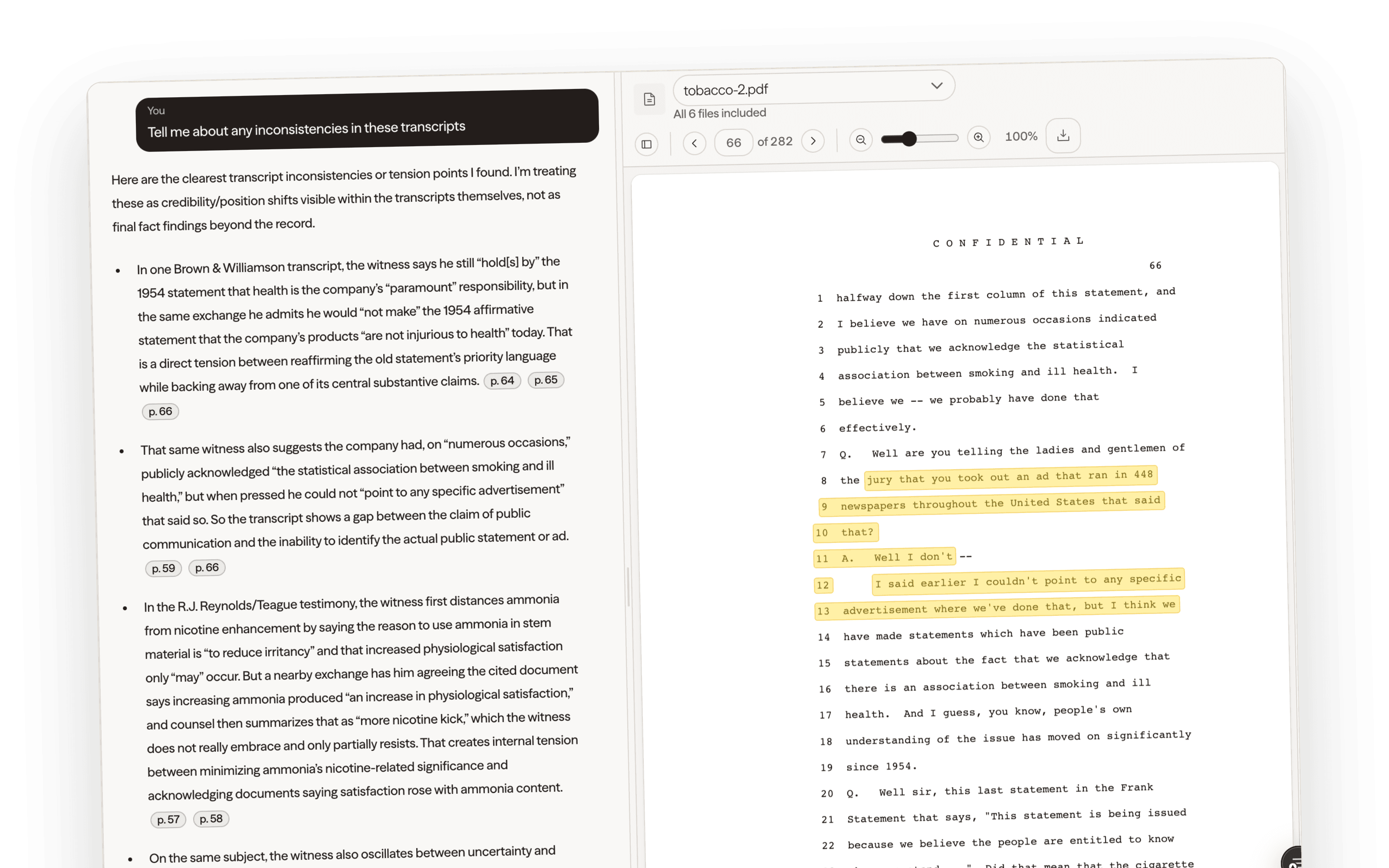 An Interrogate answer beside a source document with the supporting passage highlighted