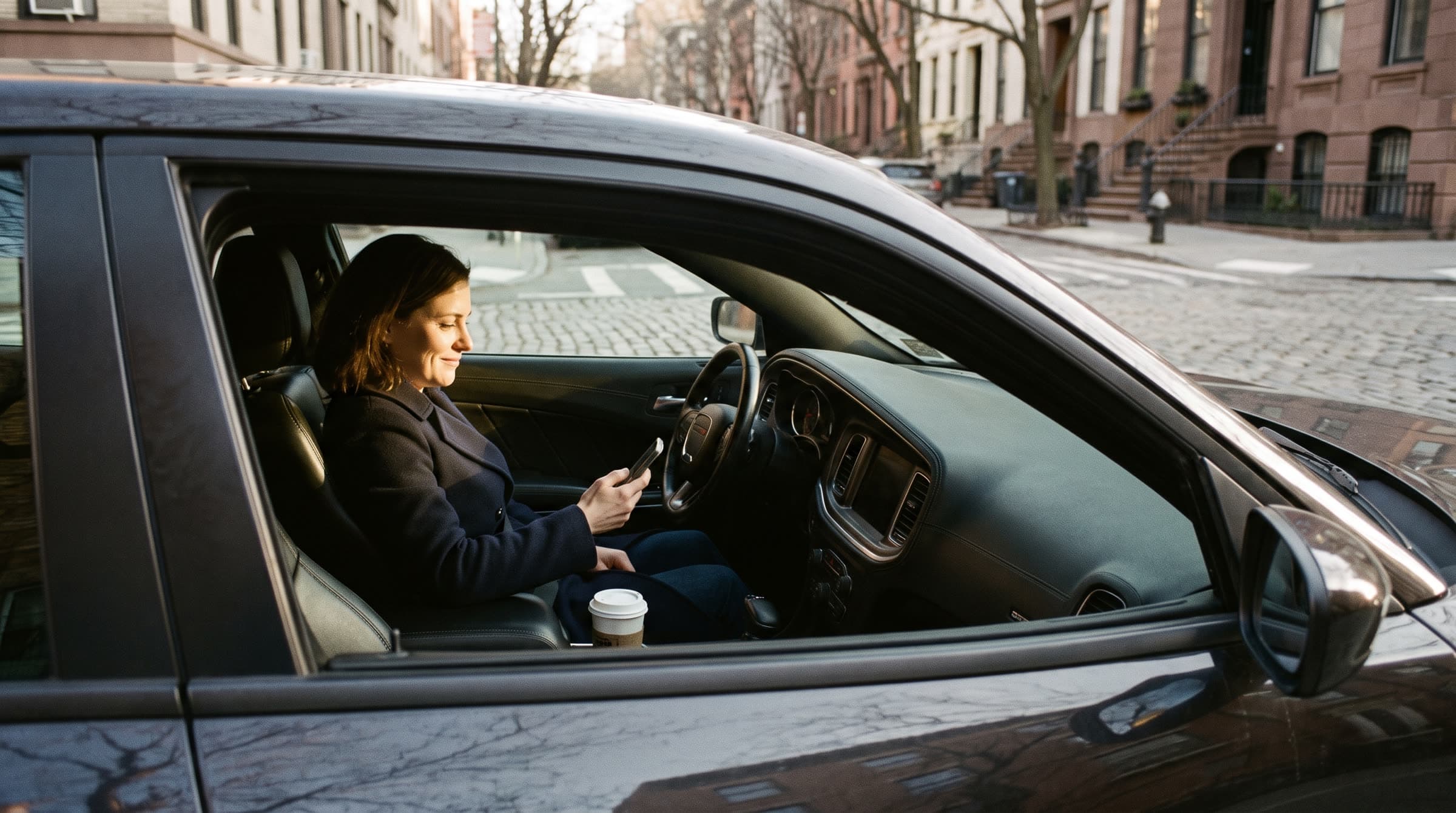 An attorney in her parked car reading her morning brief on her phone