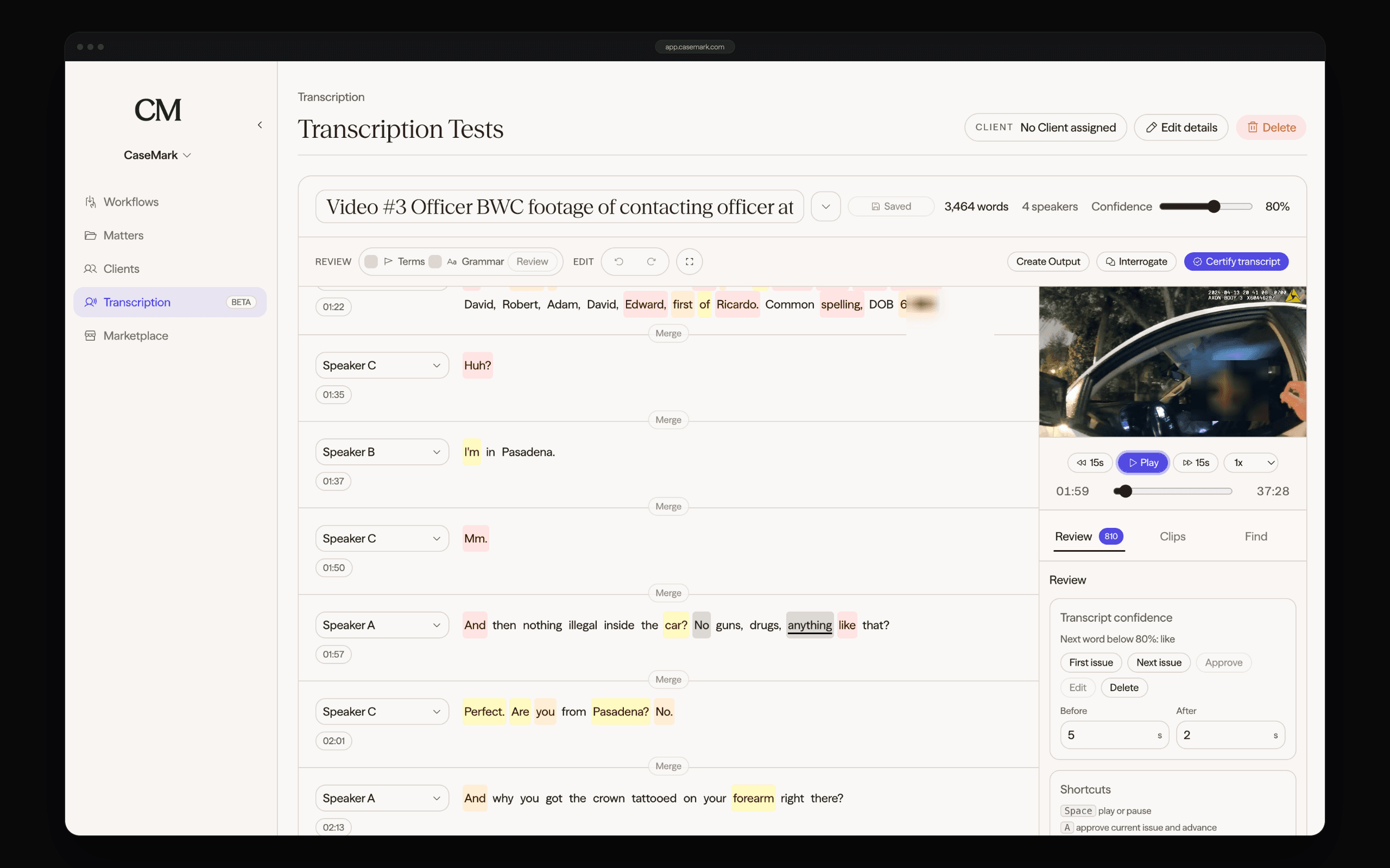 A timed transcript open beside synchronized source video in CaseMark Source