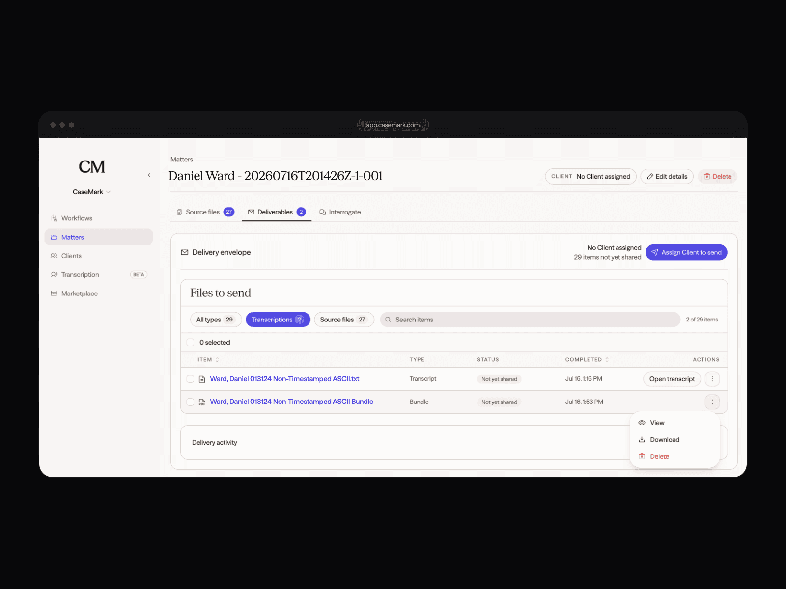 An organized CaseMark Source transcript package with a manifest and multiple deliverable formats
