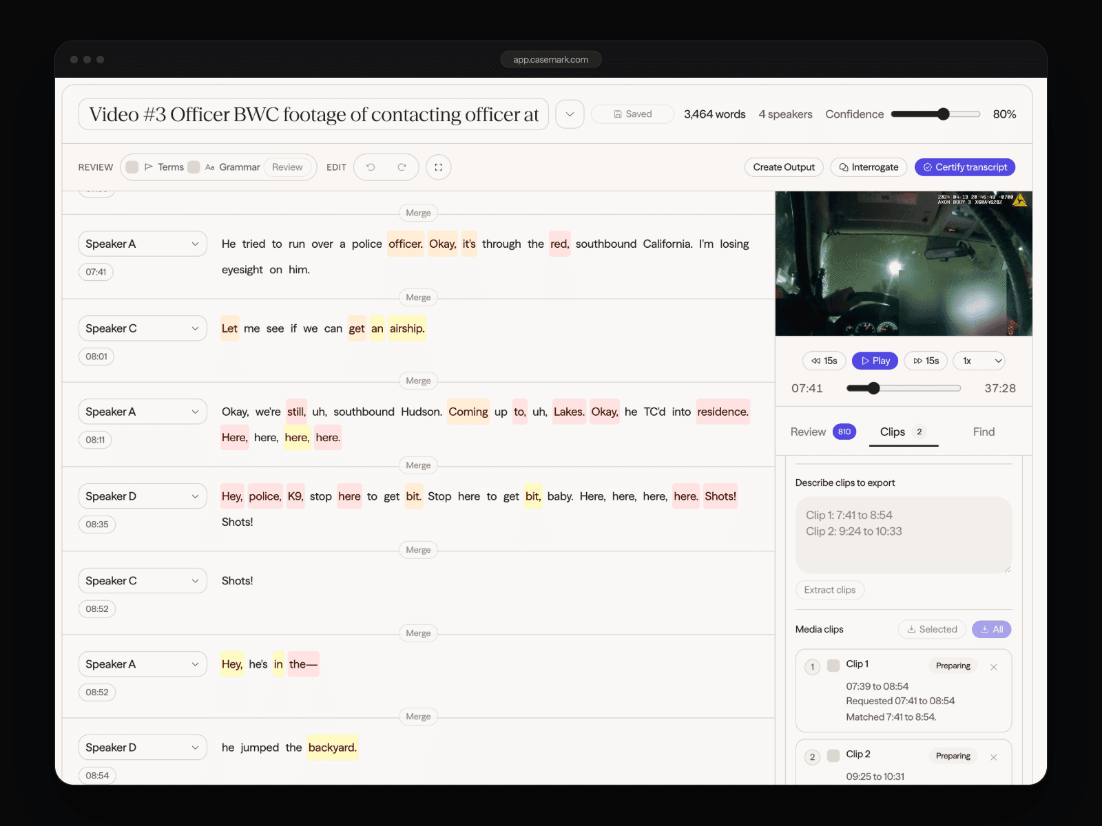 CaseMark Source batch of reviewed deposition video clips ready for captioned export