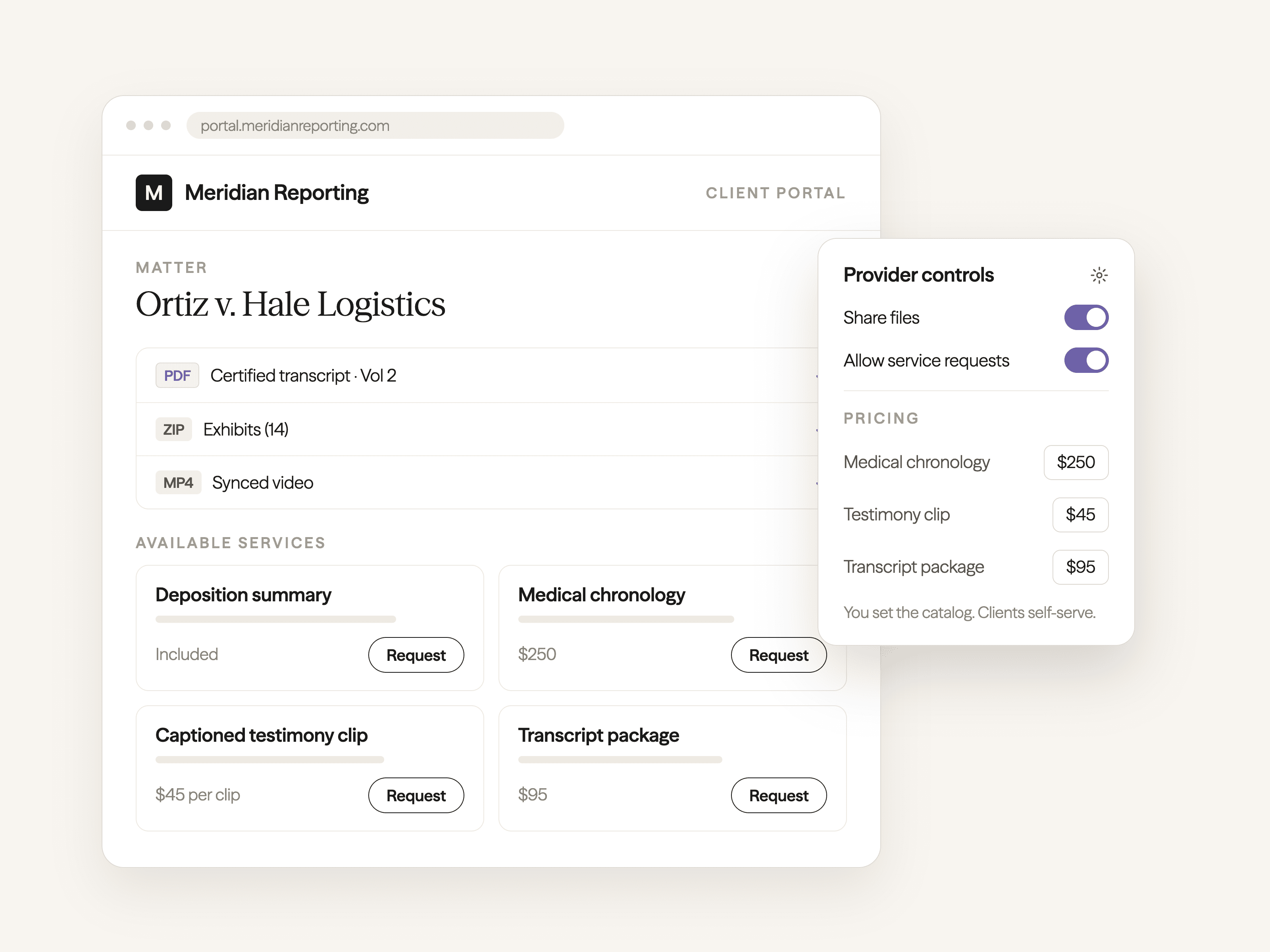 Branded CaseMark Source client portal with matter files, available services, provider controls, and firm-defined pricing