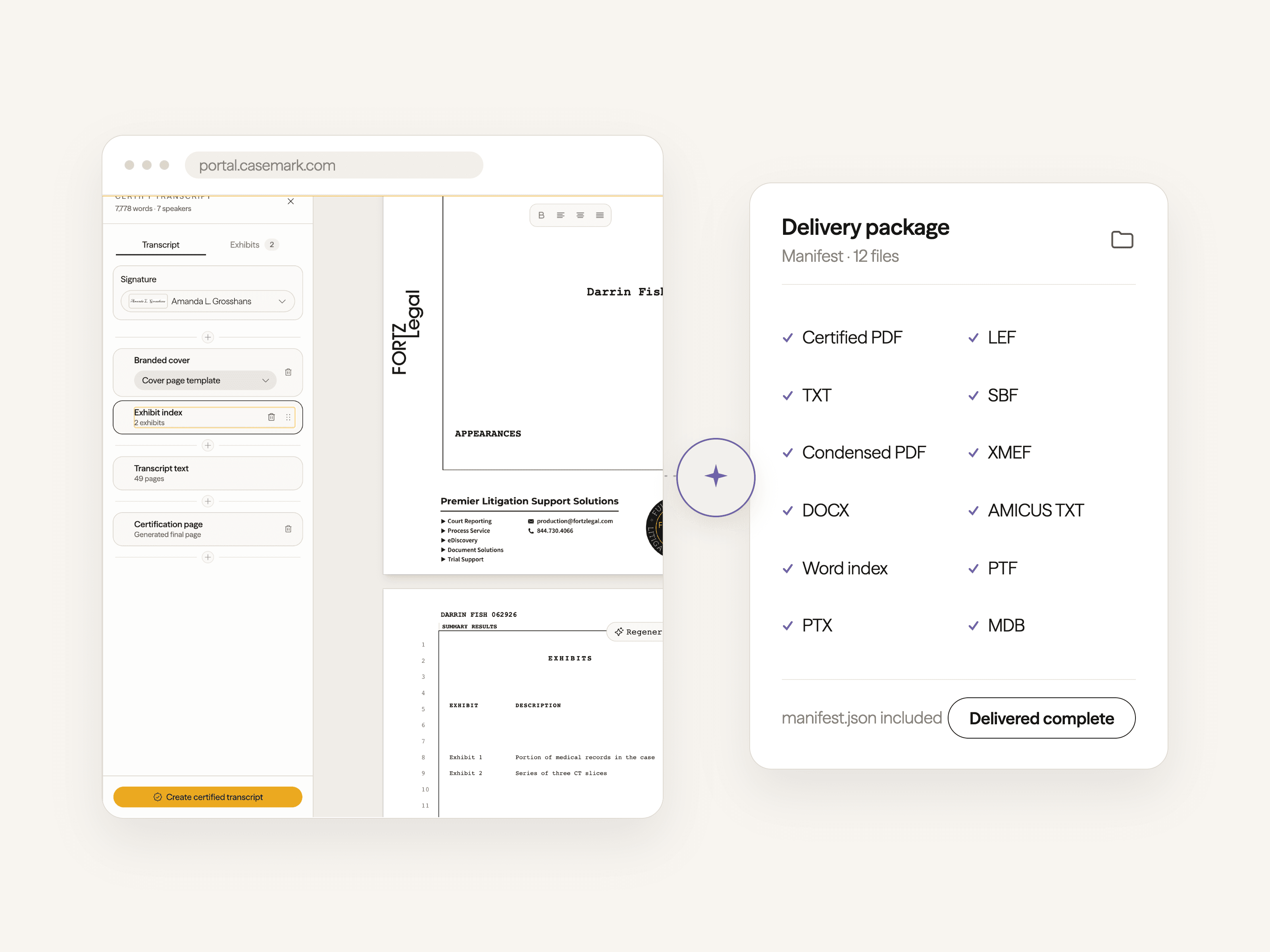CaseMark Source certification workspace connected to a completed twelve-file delivery package